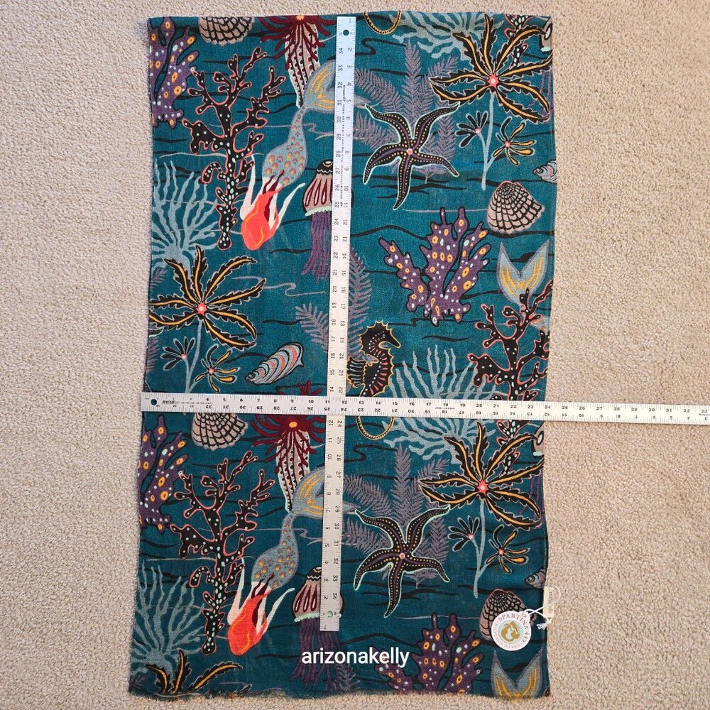 NWT Spartina 447 Linen Blend Scarf w/ Undersea Scene Mermaid Jellyfish, Seahorse - Picture 9 of 12